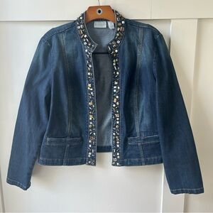 Chico's Platinum Jacket Denim Blue Jean Bejeweled Collarless Short Stretch 2 L
